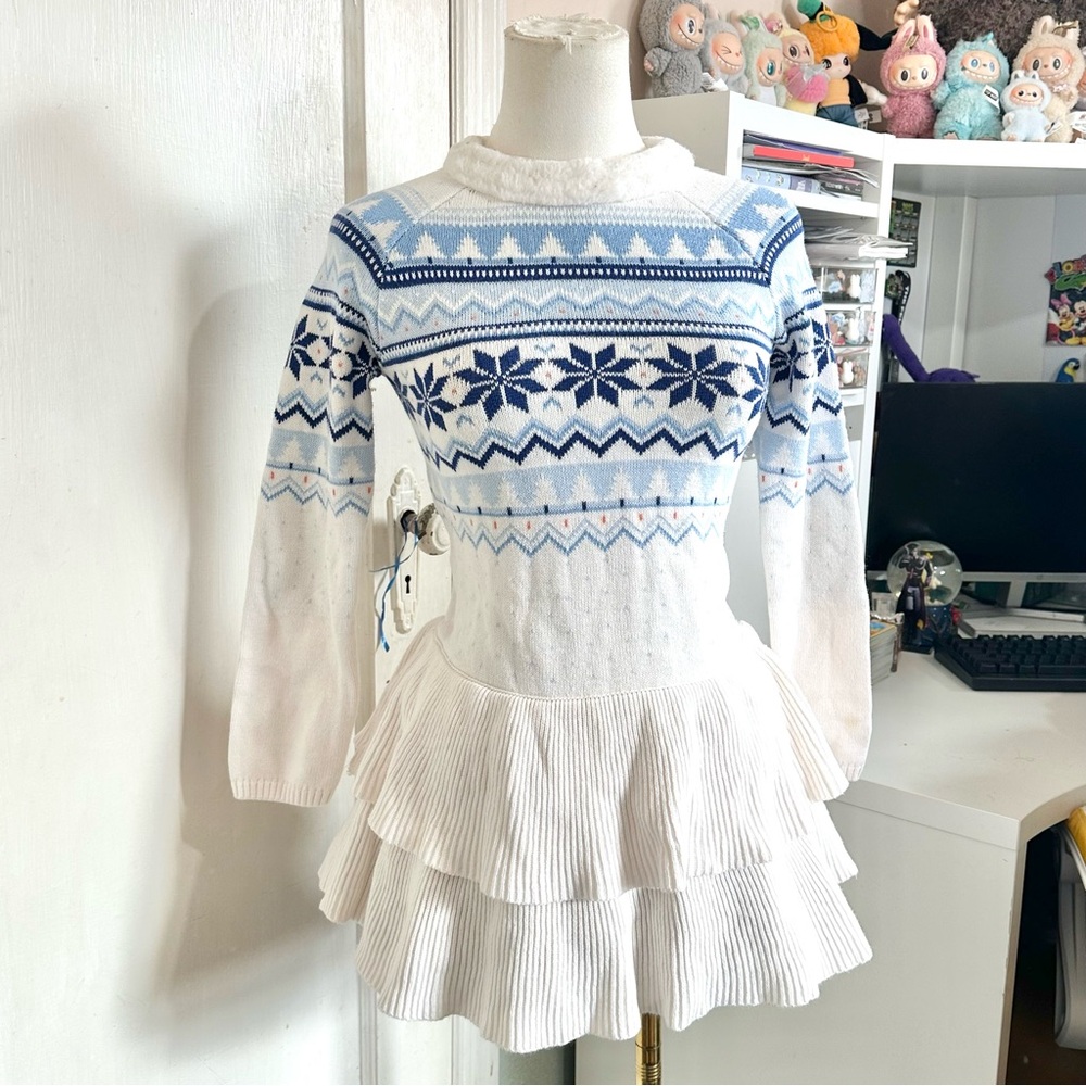 Gymboree white and blue snowflake knit mini dress with ruffled skirt girls sz 10